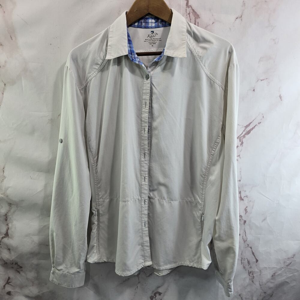 Kuhl Shirt Womens XL White Long Sleeve Button Up Stretch Hiking Rubber Buttons